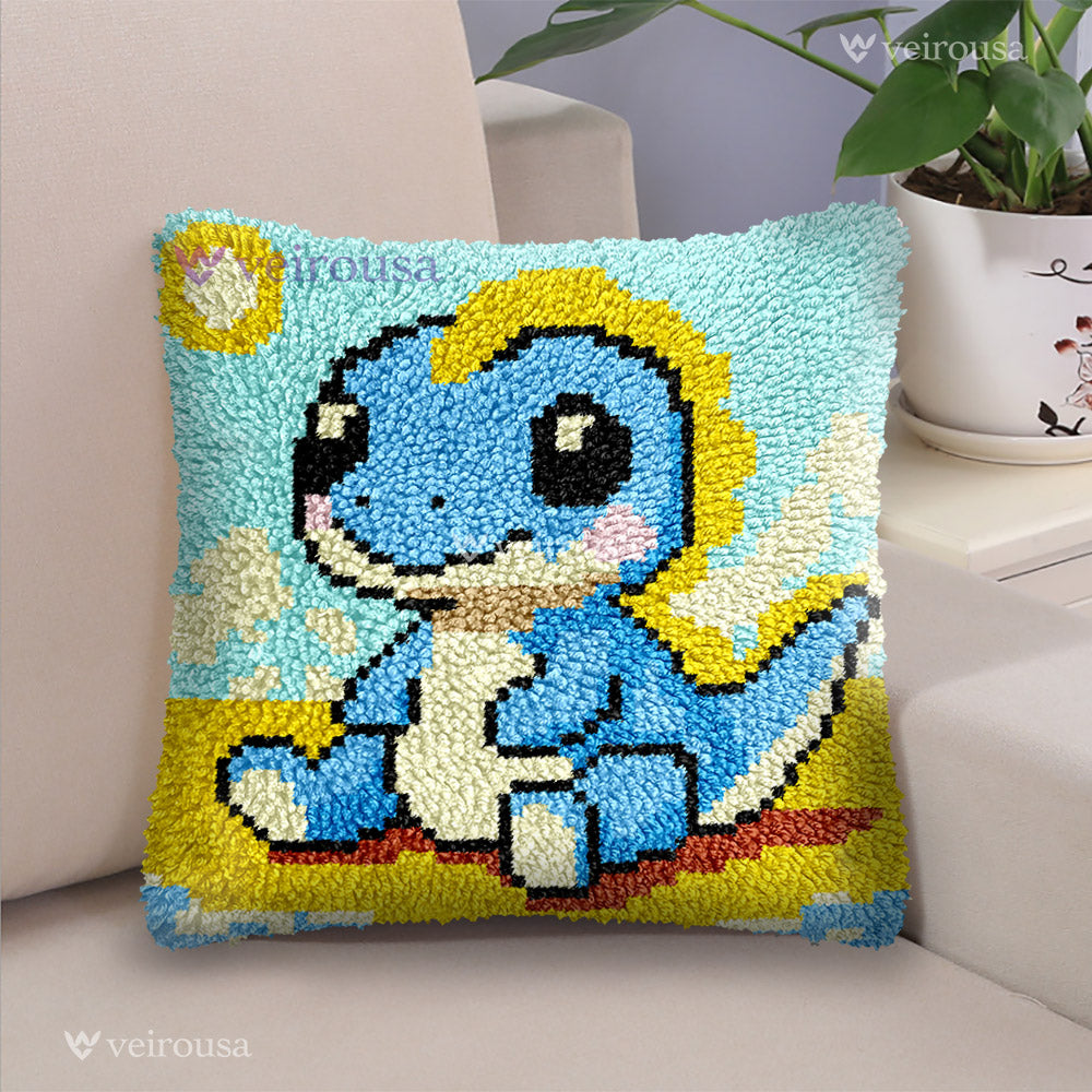 Blue Baby Dinosaur - Latch Hook Pillow Kit