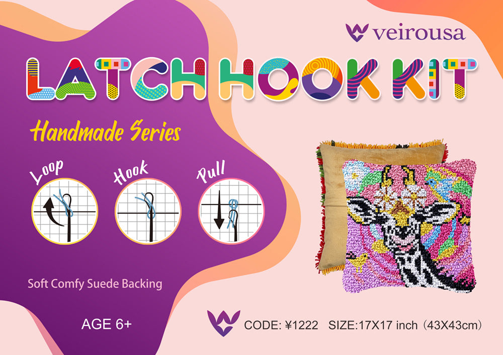 Giraffe's Garden Gala Latch Hook Pillow Kit for Adult, Beginner and Kid