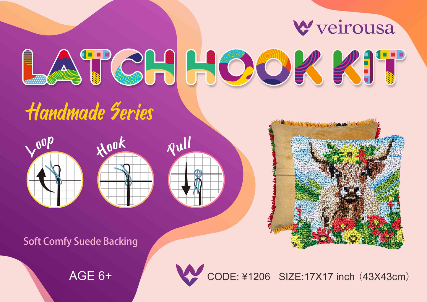 Highland Cow With Flowers Latch Hook Pillow Kit for Adult, Beginner and Kid