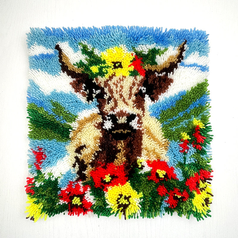 Highland Cow With Flowers Latch Hook Pillow Kit for Adult, Beginner and Kid