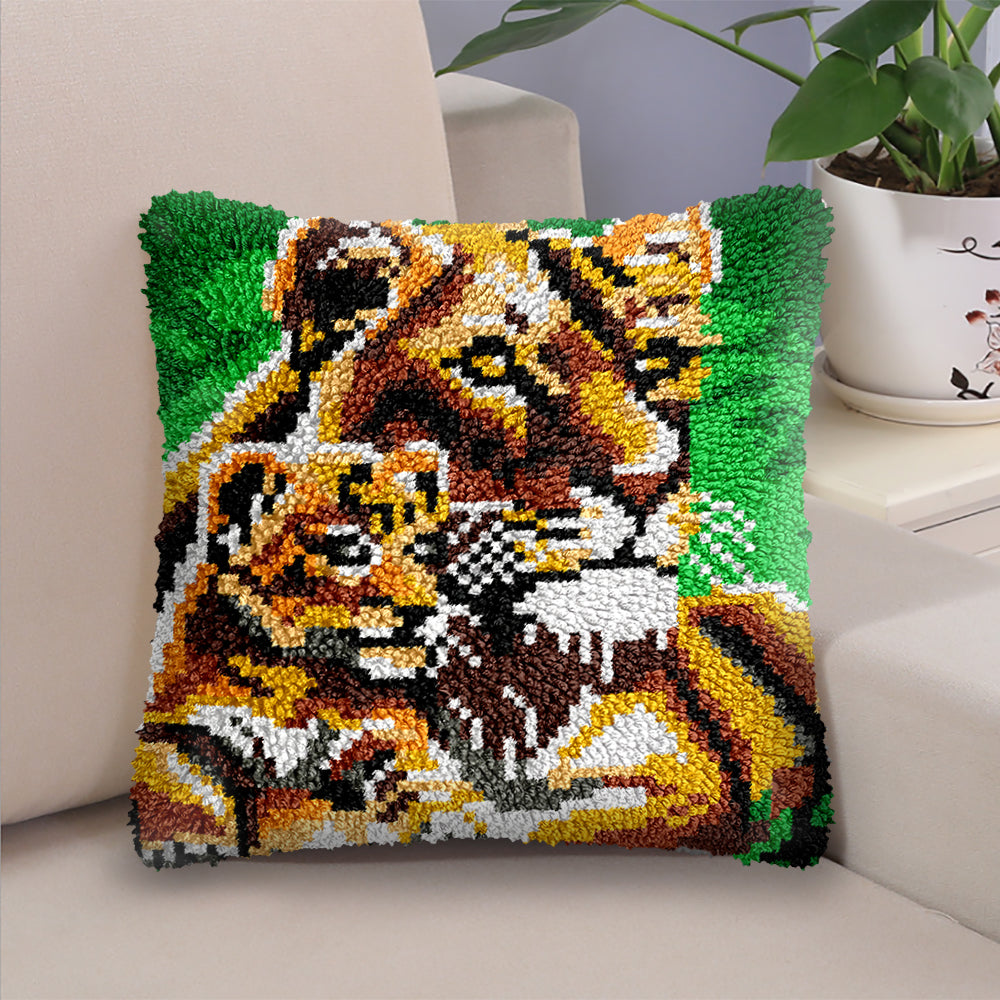 Mother Lion and Cub Pillowcase Latch Hook Kits for Adult, Beginner and Kid