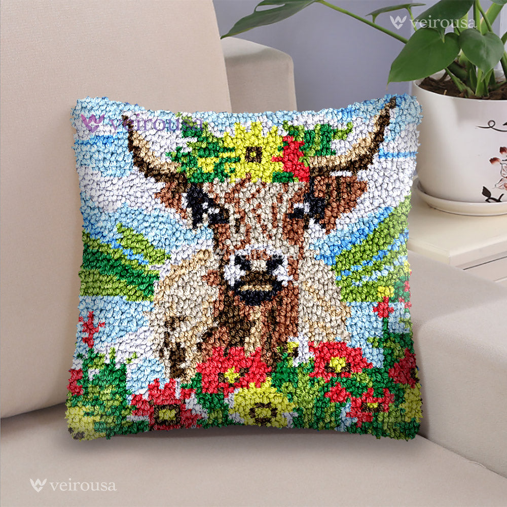 Highland Cow With Flowers Latch Hook Pillow Kit for Adult, Beginner and Kid