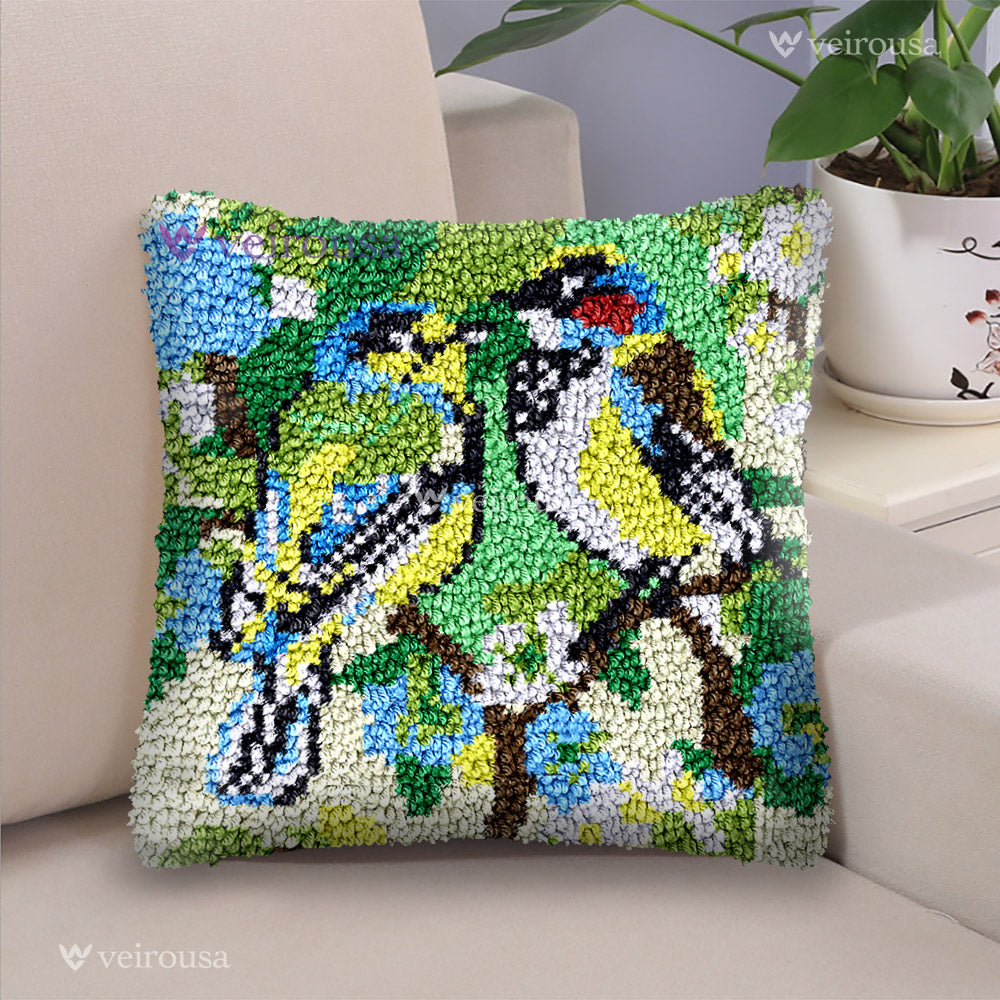 Two Blue Tits Latch Hook Pillow Kit for Adult, Beginner and Kid