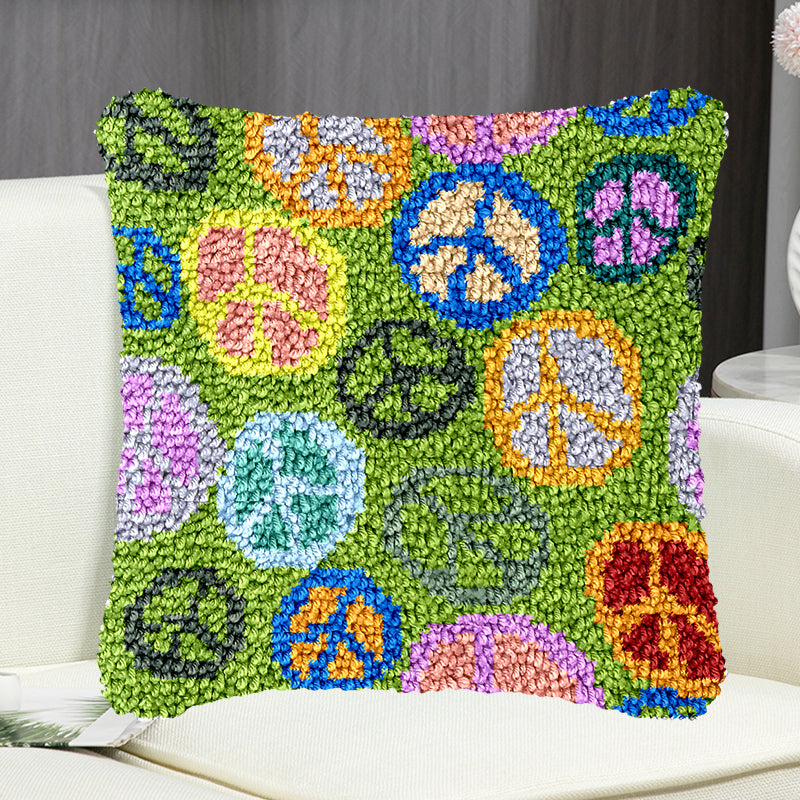 Peace Sign Green Pillowcase Latch Hook Kit for Adult, Beginner and Kid