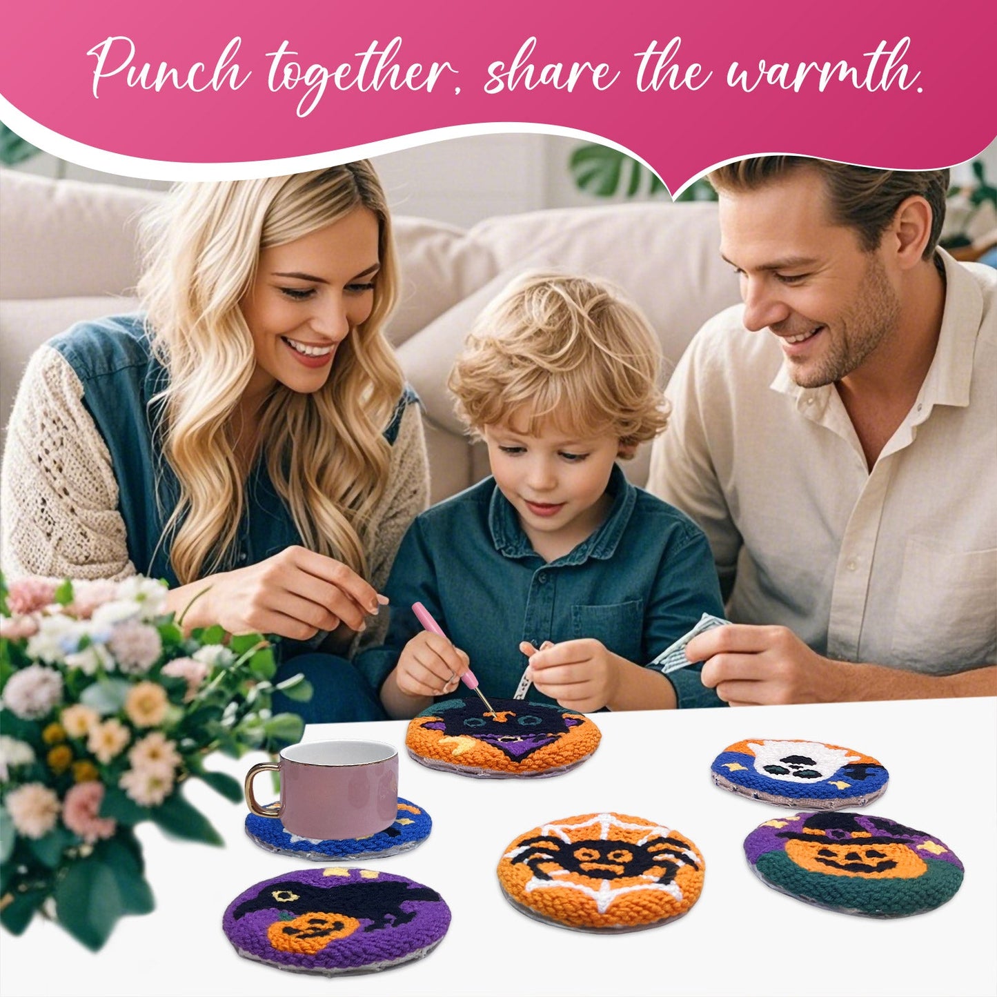 Halloween Style Punch Needle Coaster Kit  - 6PCS
