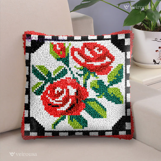 Red Roses Pillowcase Latch Hook Kits for Adult, Beginner and Kid