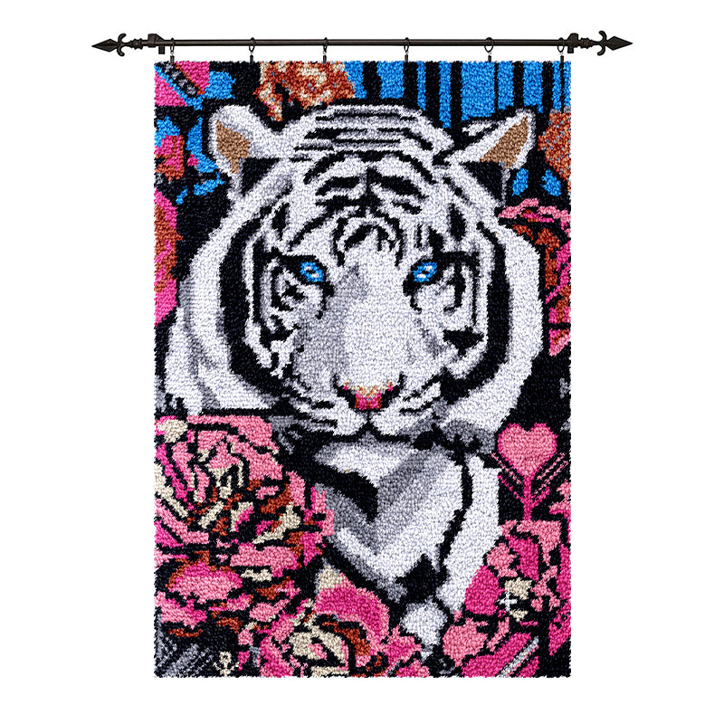 [Large Size] White Tiger with Flowers - Latch Hook Rug Kit