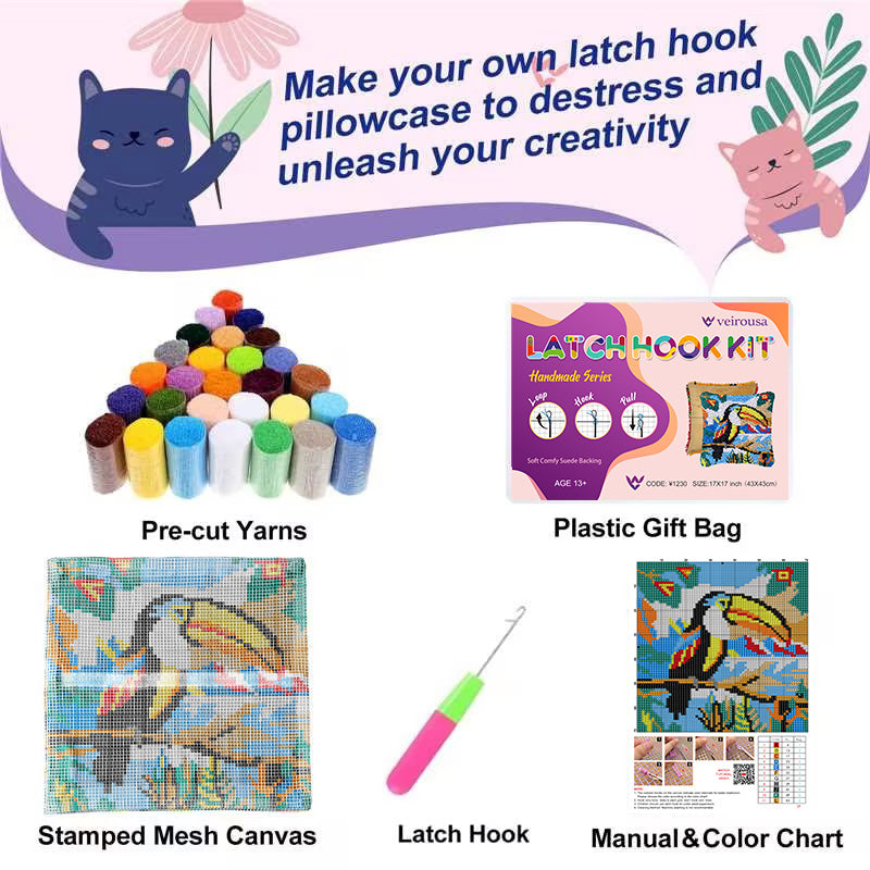 Kit de coussin à crochet Toucan Leisurely pour adultes, débutants et enfants