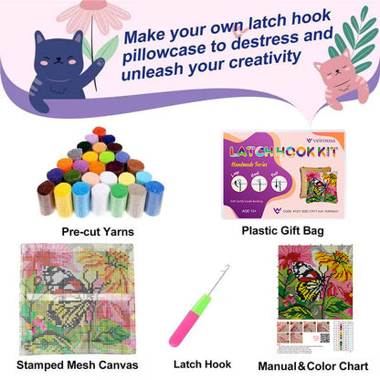 Kit de coussin à crochet papillon et fleur pour adultes, débutants et enfants