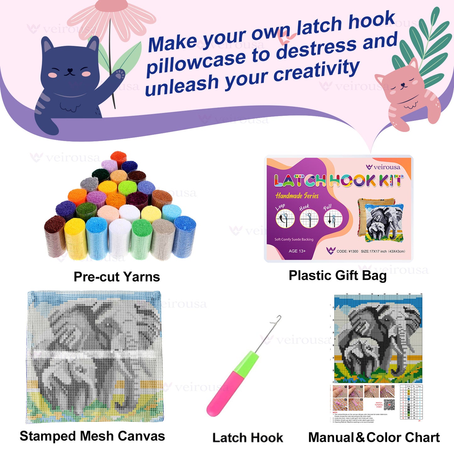 Two Elephants Latch Hook Pillow Kit
