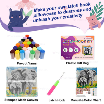 Two Elephants Latch Hook Pillow Kit