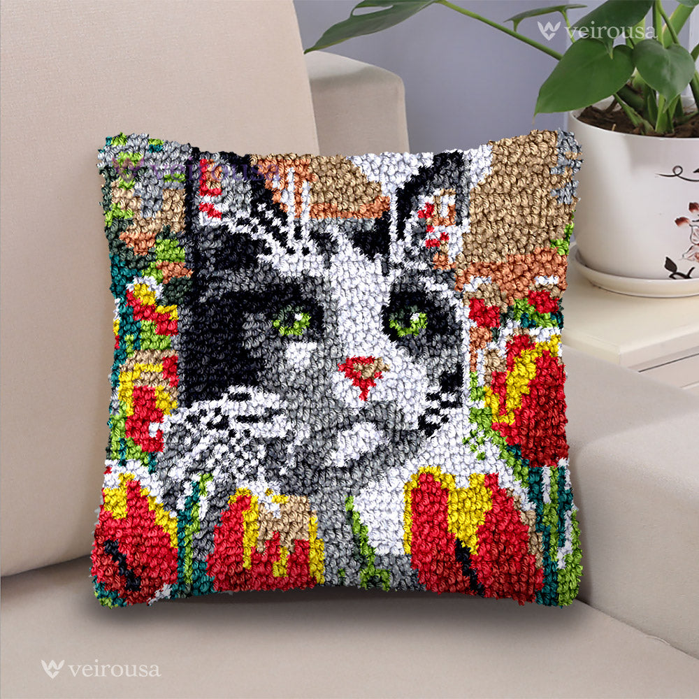 Tulips and Black Cat Pillowcase Latch Hook Kit for Adult, Beginner and Kid