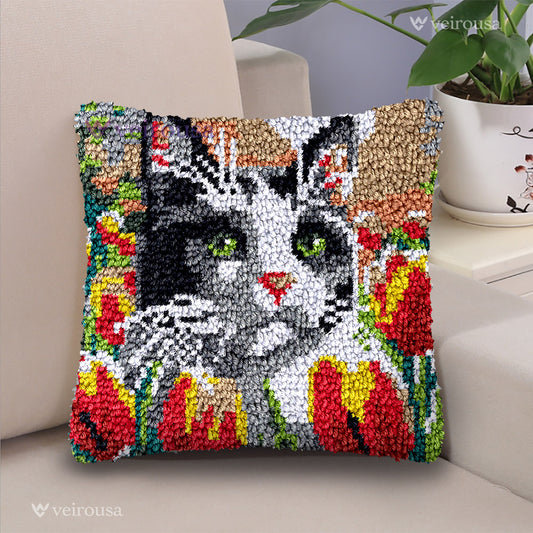 Tulips and Black Cat Pillowcase Latch Hook Kit for Adult, Beginner and Kid