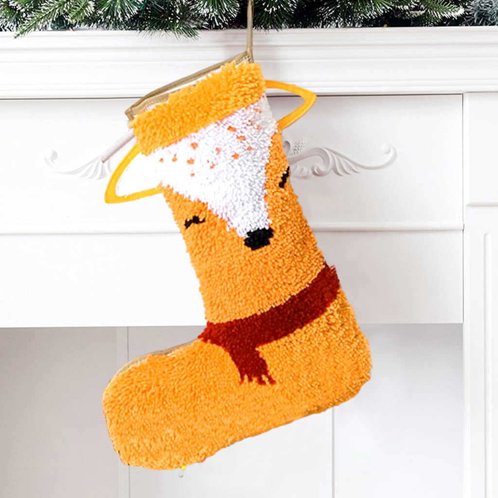 Name DIY | Fox in Scarf Christmas Stocking Latch Hook Kits Shaggy Decoration Christmas Ornament Bag