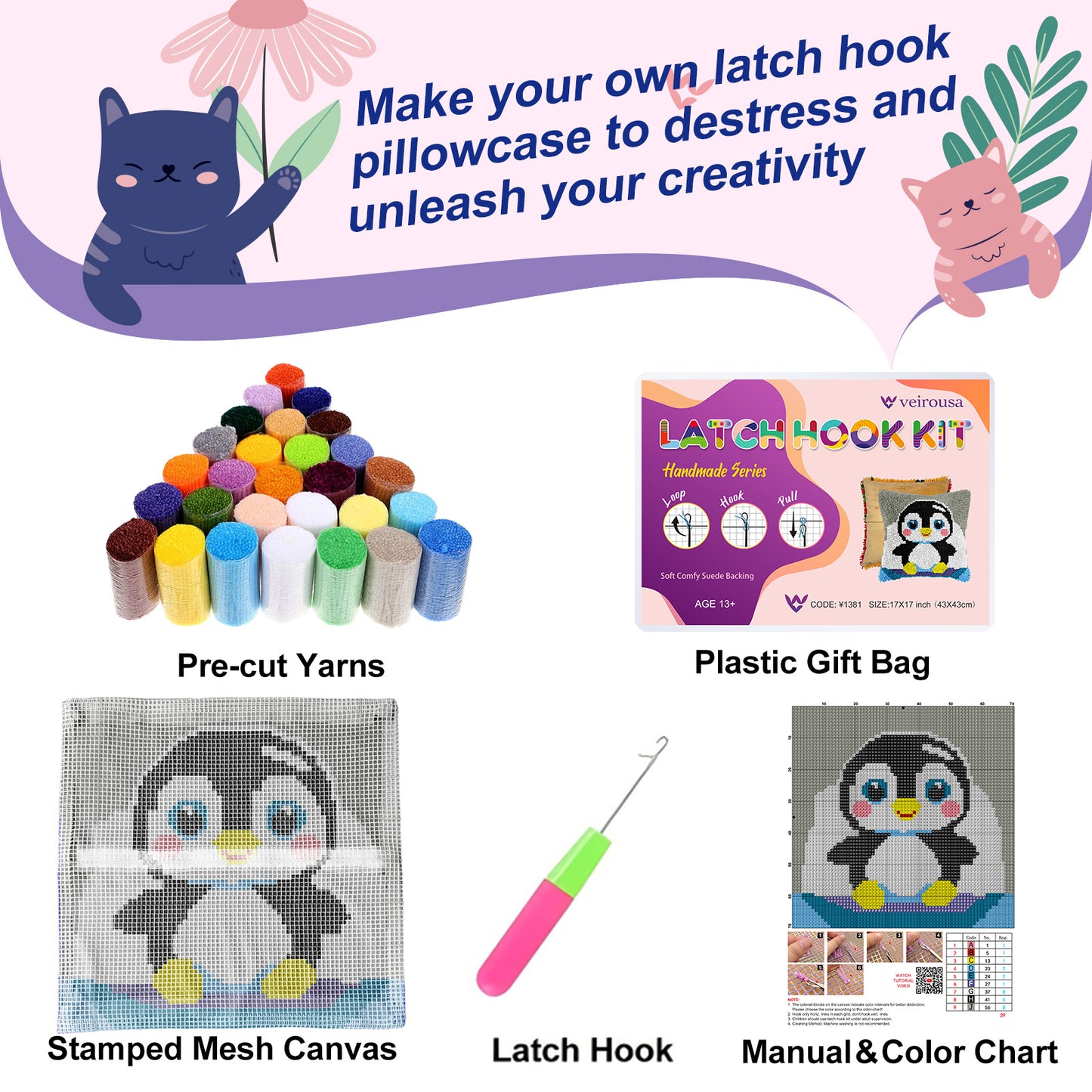 Cute Penguin Latch Hook Pillow Kit