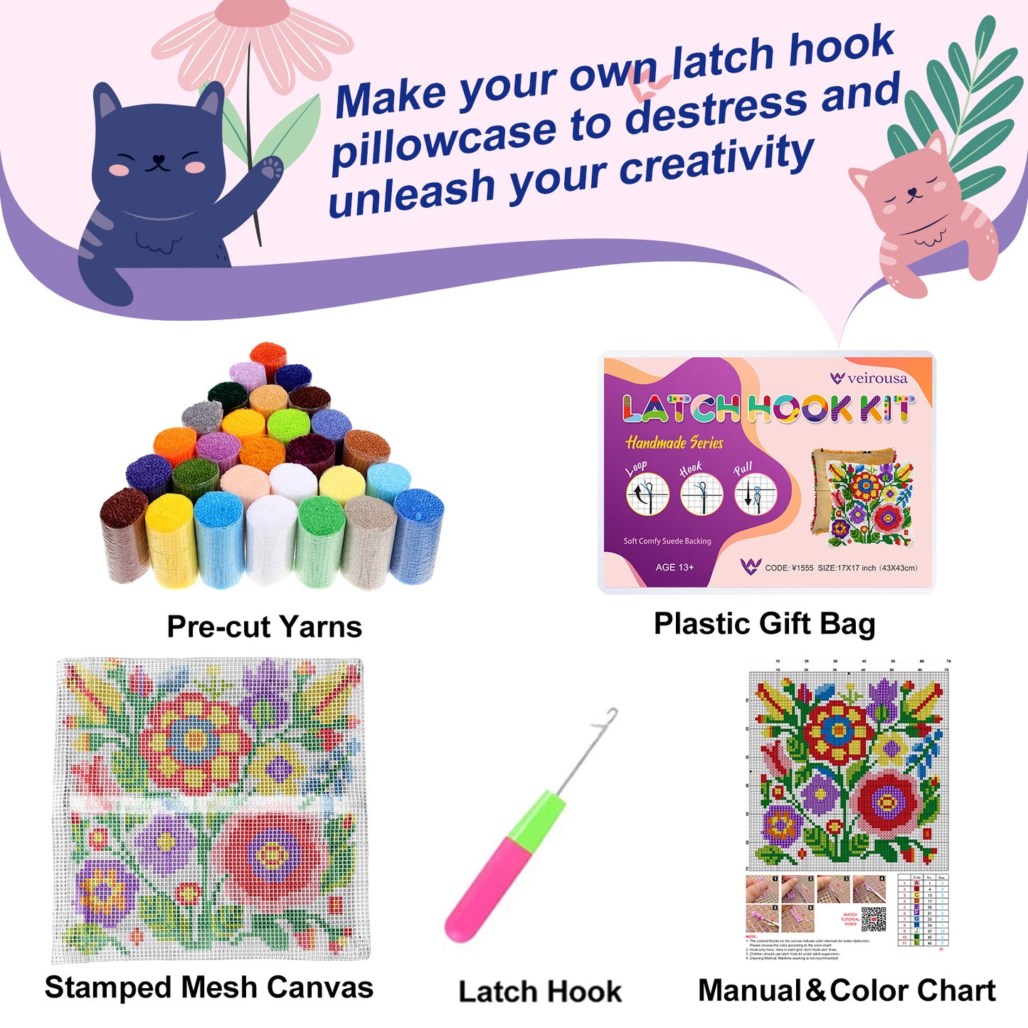 Cartoon Flowers Latch Hook Pillow Kit