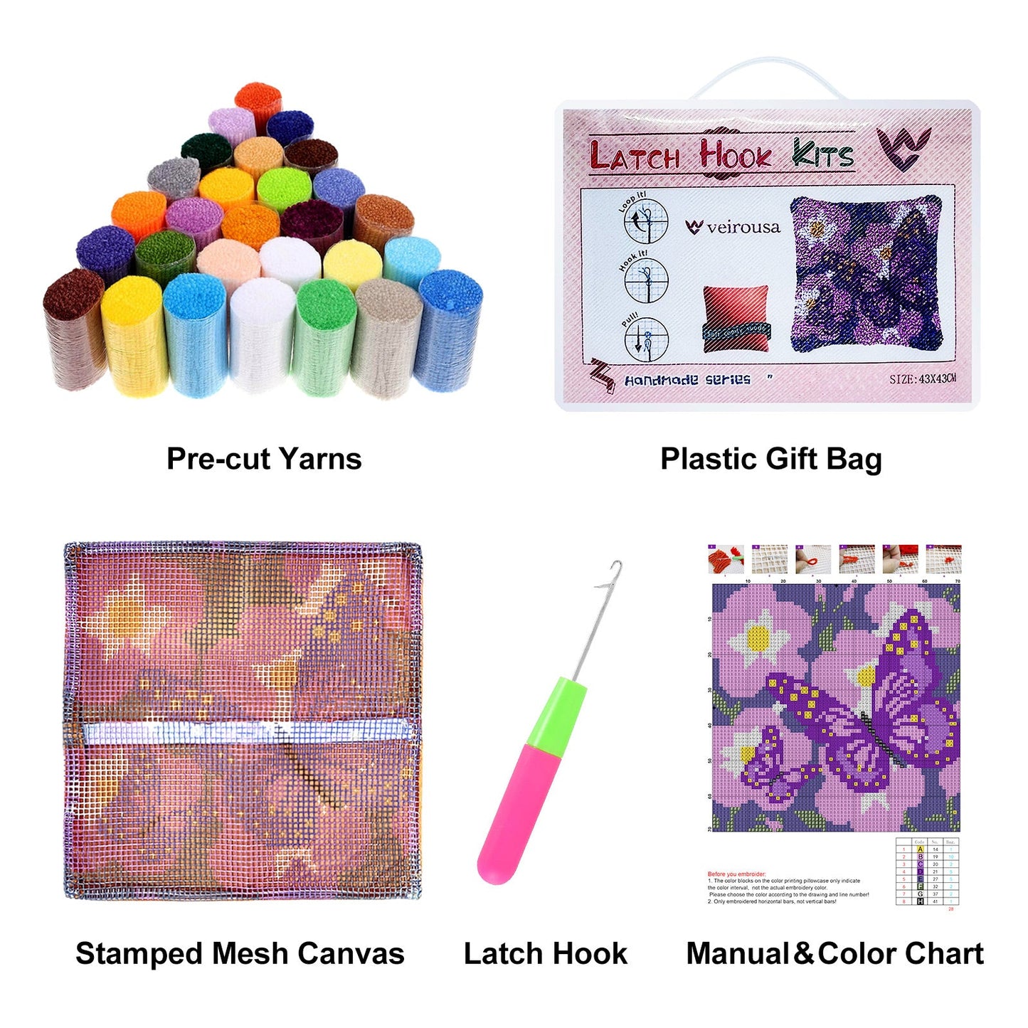 Colorful Roses (for favorite) Latch Hook Pillow Kit for Adult, Beginner and Kid
