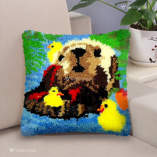Otter and Duckling Joy Latch Hook Pillow Kit for Adult, Beginner and Kid