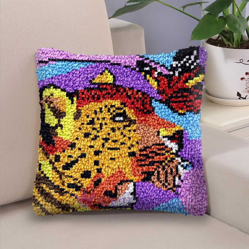 Leopard & Butterfly Encounter Latch Hook Pillow Kit for Adult, Beginner and Kid