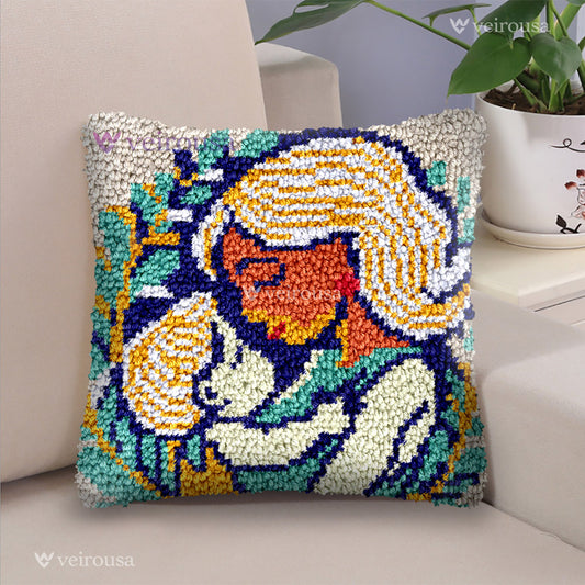 A gentle mother holding a child Latch Hook Pillow Kit for Adult, Beginner and Kid