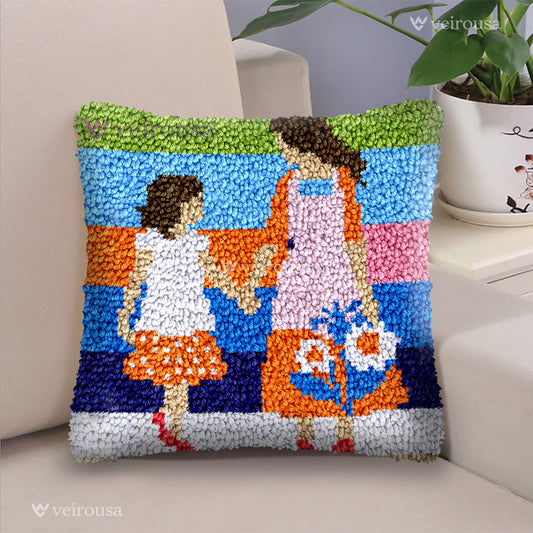 Mother and daughter holding hands Latch Hook Pillow Kit for Adult, Beginner and Kid