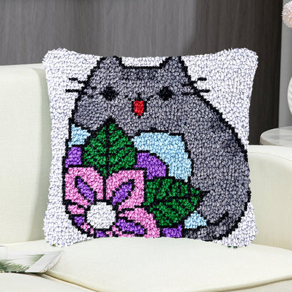Gray Cartoon Cat Pillowcase Latch Hook Kit for Adult, Beginner and Kid