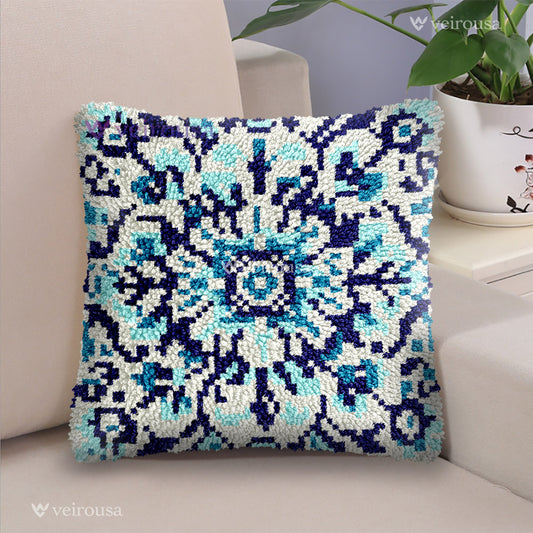 White and Blue Floral Pillowcase Latch Hook Kits for Adult, Beginner and Kid