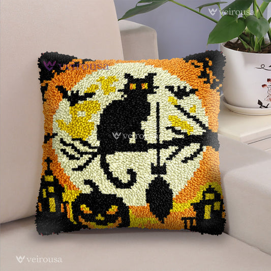 Halloween Pumpkin & Cat - Latch Hook Pillow Kit