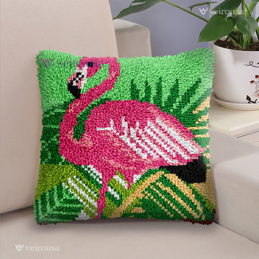 Flamingo on Palm - Latch Hook Pillowcase Kits