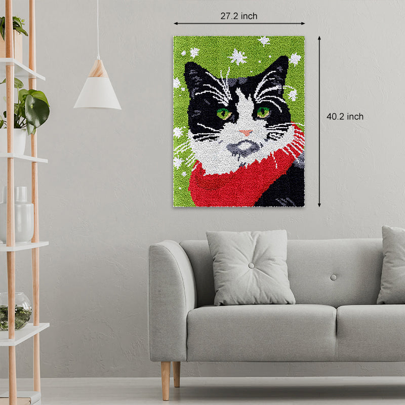 [Grande taille] Beau chat noir avec écharpe rouge - Kit de tapis à crochets