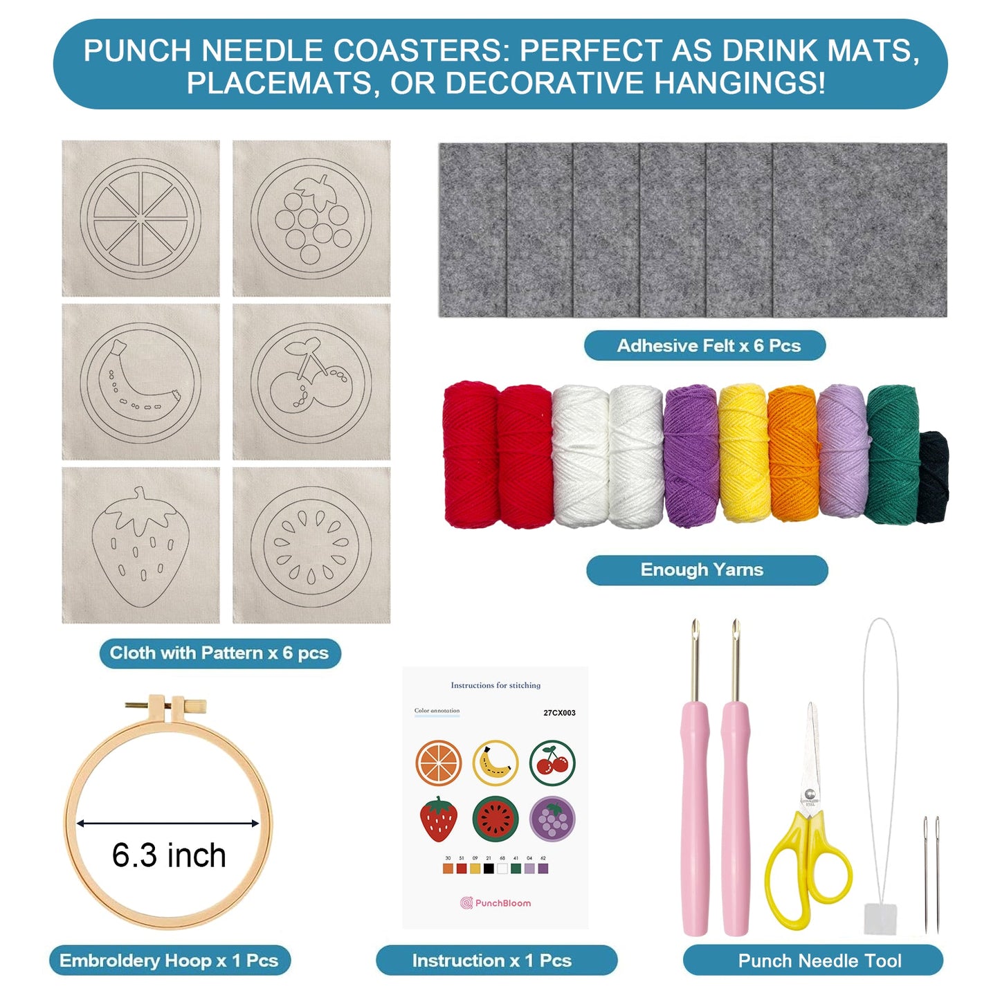 Fruits Punch Needle Coaster Kit - 6PCS