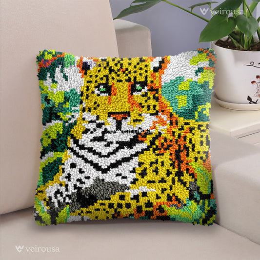 Forest Leopard Pillowcase Latch Hook Kit for Adult, Beginner and Kid