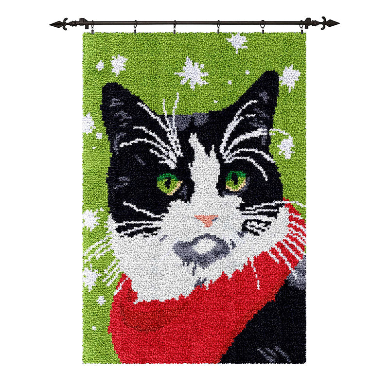 [Grande taille] Beau chat noir avec écharpe rouge - Kit de tapis à crochets