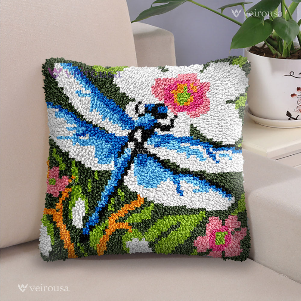 Dragonfly in the Pond Pillowcase Latch Hook Kit for Adult, Beginner and Kid