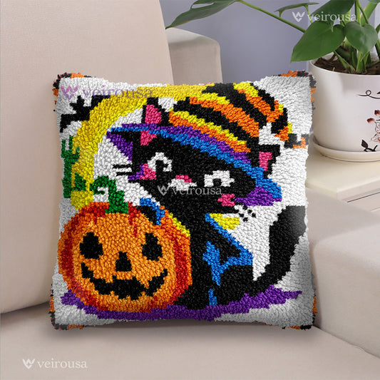 Halloween Witch Cat Pillowcase Latch Hook Kits for Adult, Beginner and Kid