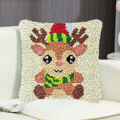 Cheerful Christmas Deer Pillowcase Latch Hook Kit for Adult, Beginner and Kid