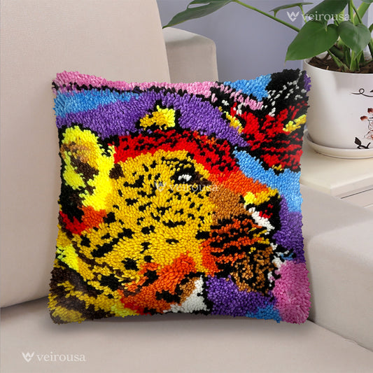 Leopard & Butterfly Encounter Latch Hook Pillow Kit for Adult, Beginner and Kid