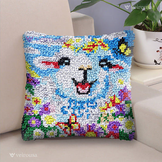 Joyful Lamb in Blossom Meadow Latch Hook Pillow Kit for Adult, Beginner and Kid