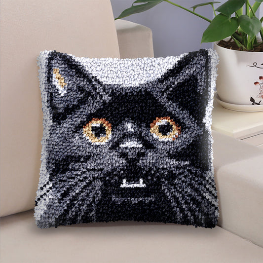 Black Cat Pillowcase Latch Hook Kit for Adult, Beginner and Kid