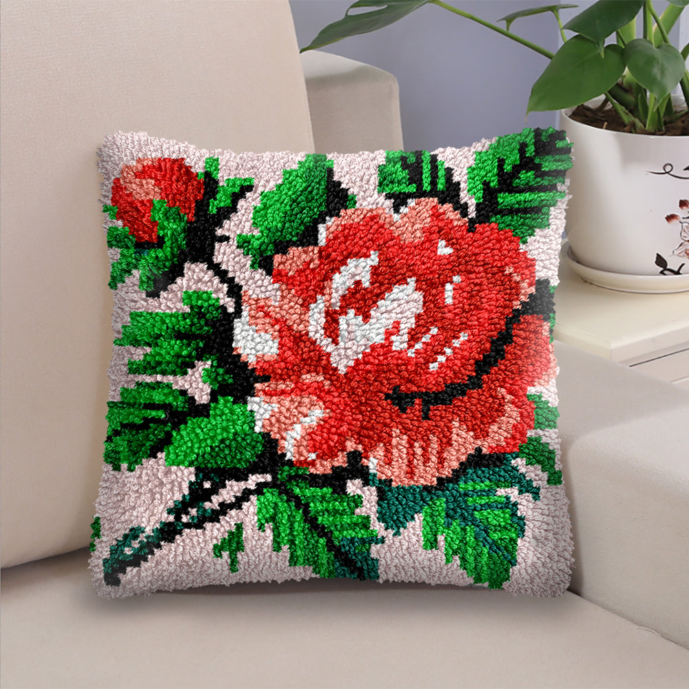 Pink Flowers Pillowcase Latch Hook Kit for Adult, Beginner and Kid