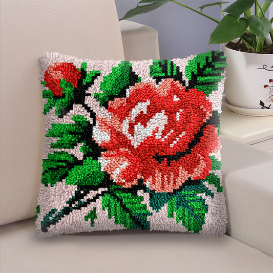 Pink Flowers Pillowcase Latch Hook Kit for Adult, Beginner and Kid