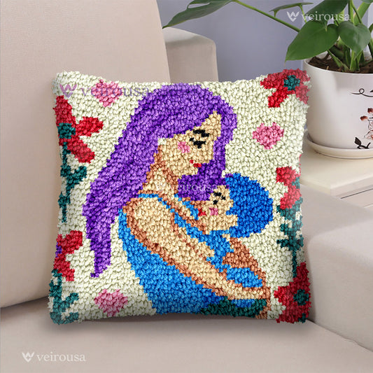 The mother is holding a little boy Latch Hook Pillow Kit for Adult, Beginner and Kid