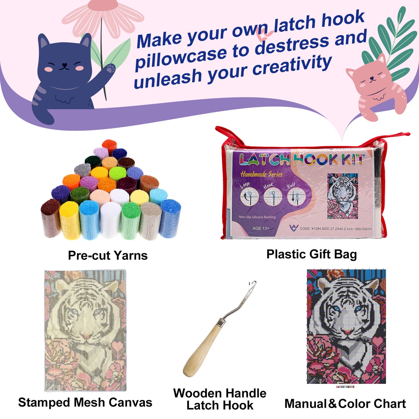[Large Size] White Tiger with Flowers - Latch Hook Rug Kit