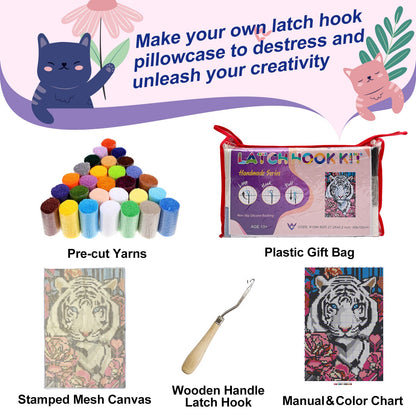 [Grande taille] Kit de tapis à crocheter Tigre blanc et fleurs