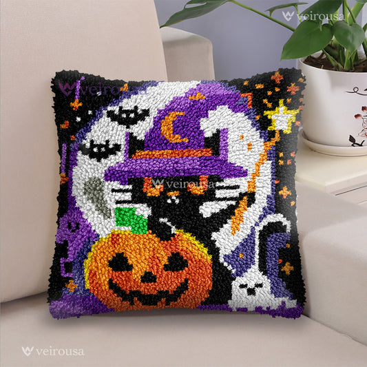 Halloween Black Cat Witches - Latch Hook Pillow Kit