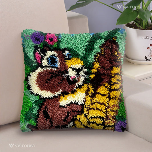 Squirrel Eating A Pine Cone Latch Hook Pillow Kit for Adult, Beginner and Kid