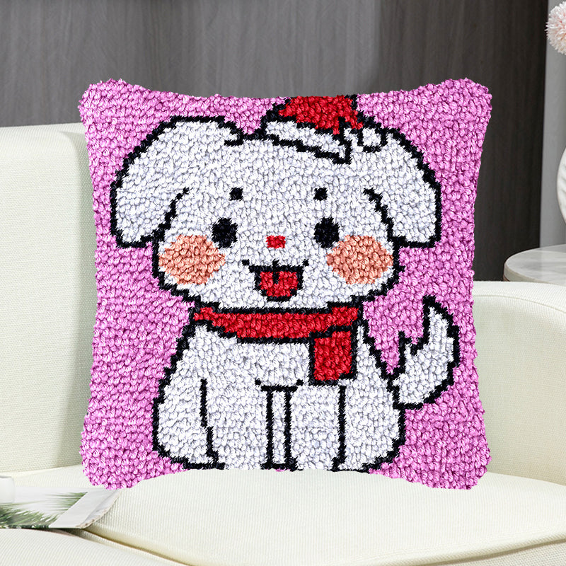 Christmas White Dog Pillowcase Latch Hook Kit for Adult, Beginner and Kid