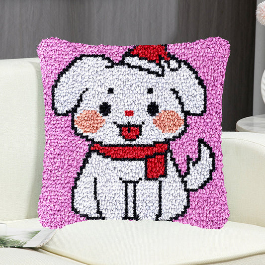 Christmas White Dog Pillowcase Latch Hook Kit for Adult, Beginner and Kid