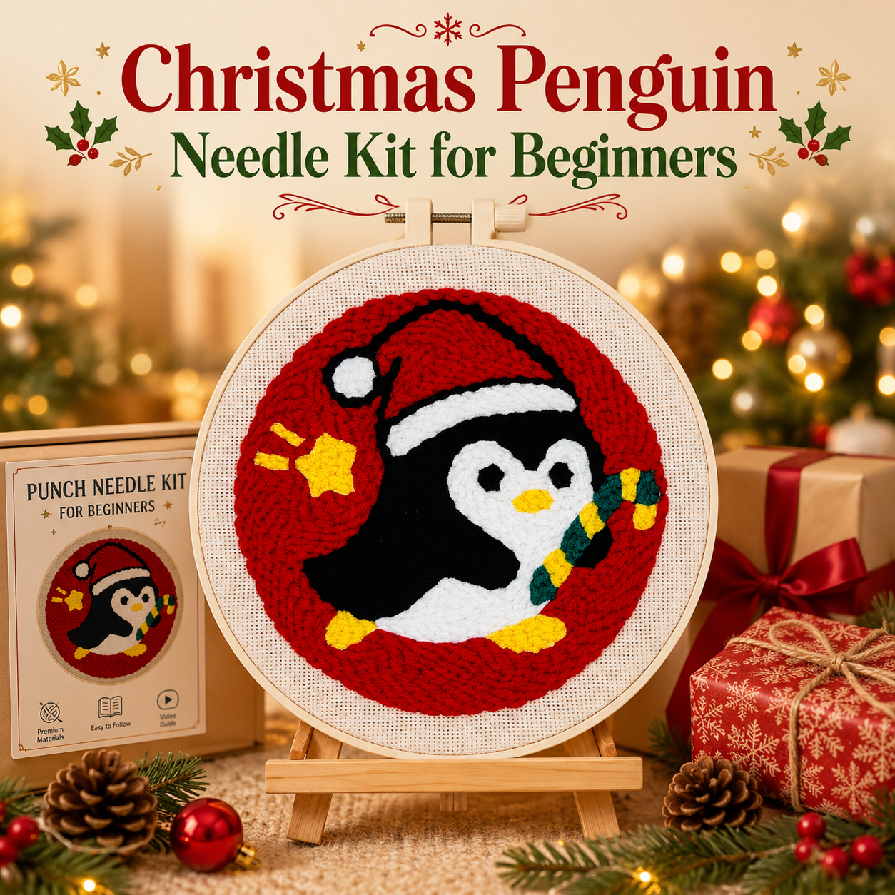 Christmas Dinosaur & Penguin Punch Needle Kit for Beginners