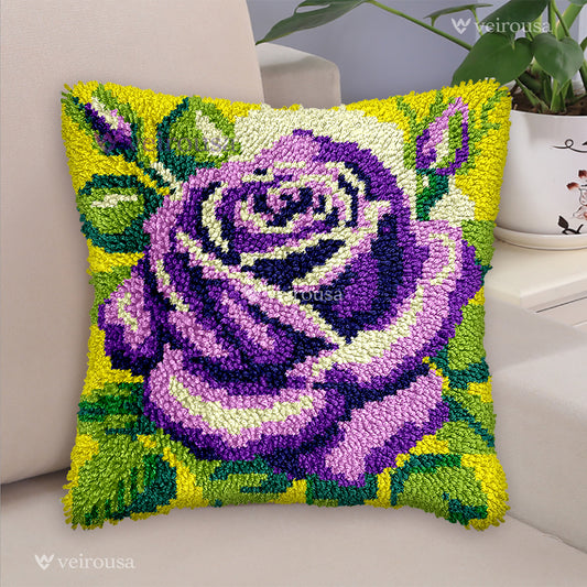 Purple Petunias Pillowcase Latch Hook Kits for Adult, Beginner and Kid